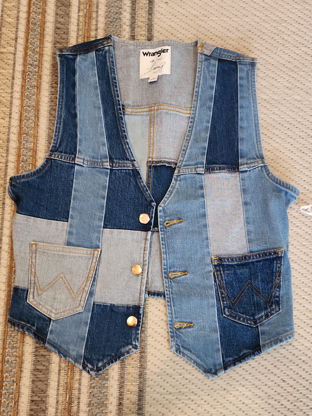 Wrangler Patchwork Denim Vest in Multiple Blue Washes